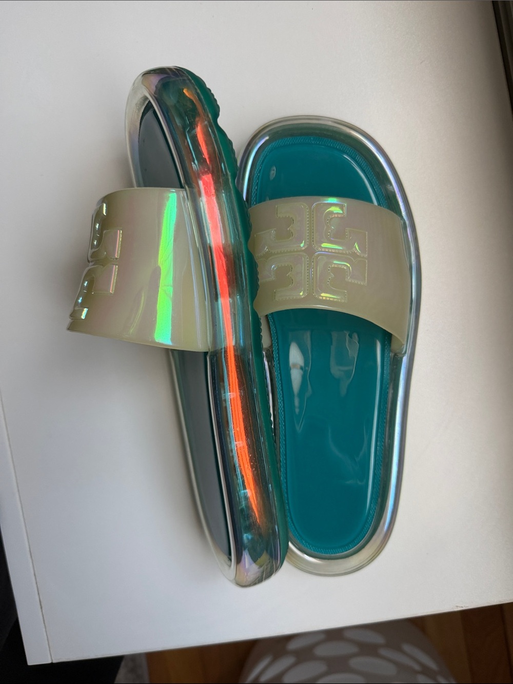 Tory Burch Teal Footbed Iridescent Slide Sandals - Picture 4 of 5